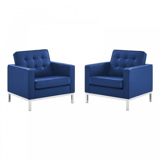 Loft Tufted Upholstered Faux Leather Armchair Set of 2, Silver Navy