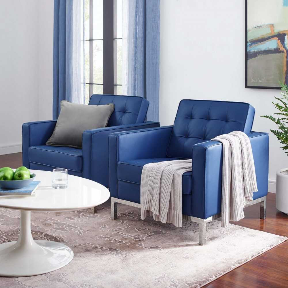 Loft Tufted Upholstered Faux Leather Armchair Set of 2, Silver Navy
