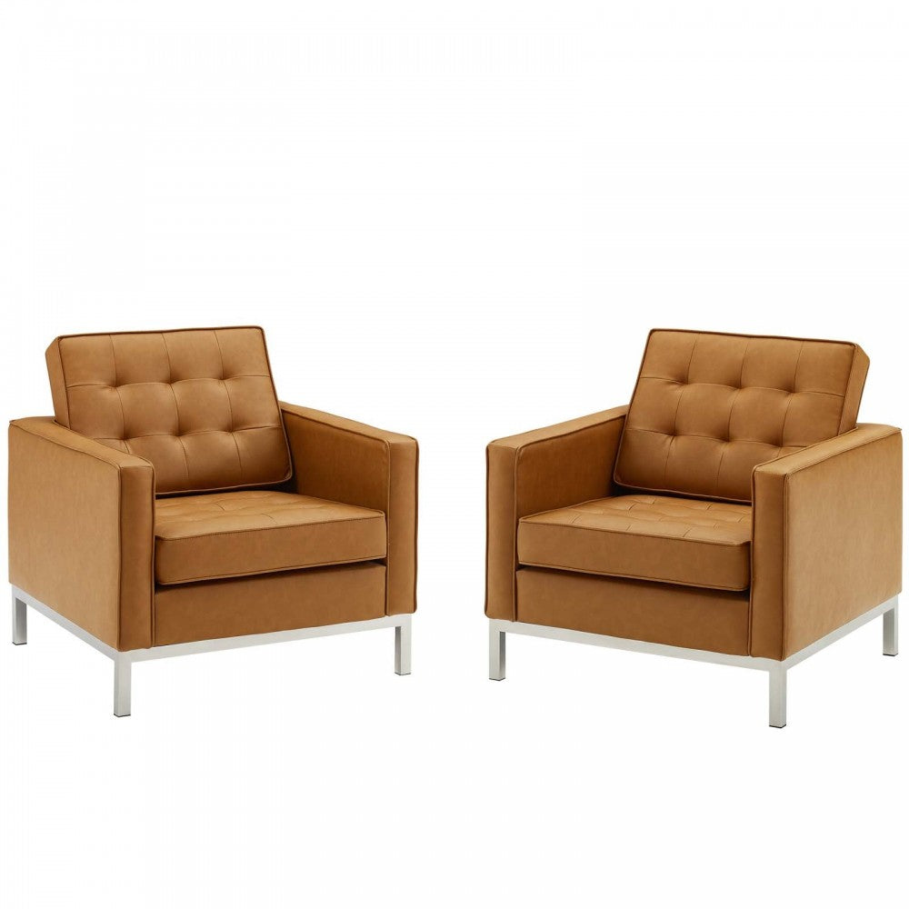 Loft Tufted Upholstered Faux Leather Armchair Set of 2, Silver Tan