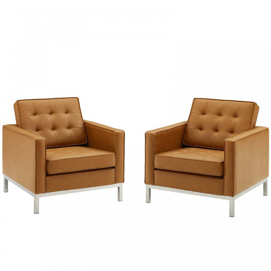 Loft Tufted Upholstered Faux Leather Armchair Set of 2, Silver Tan
