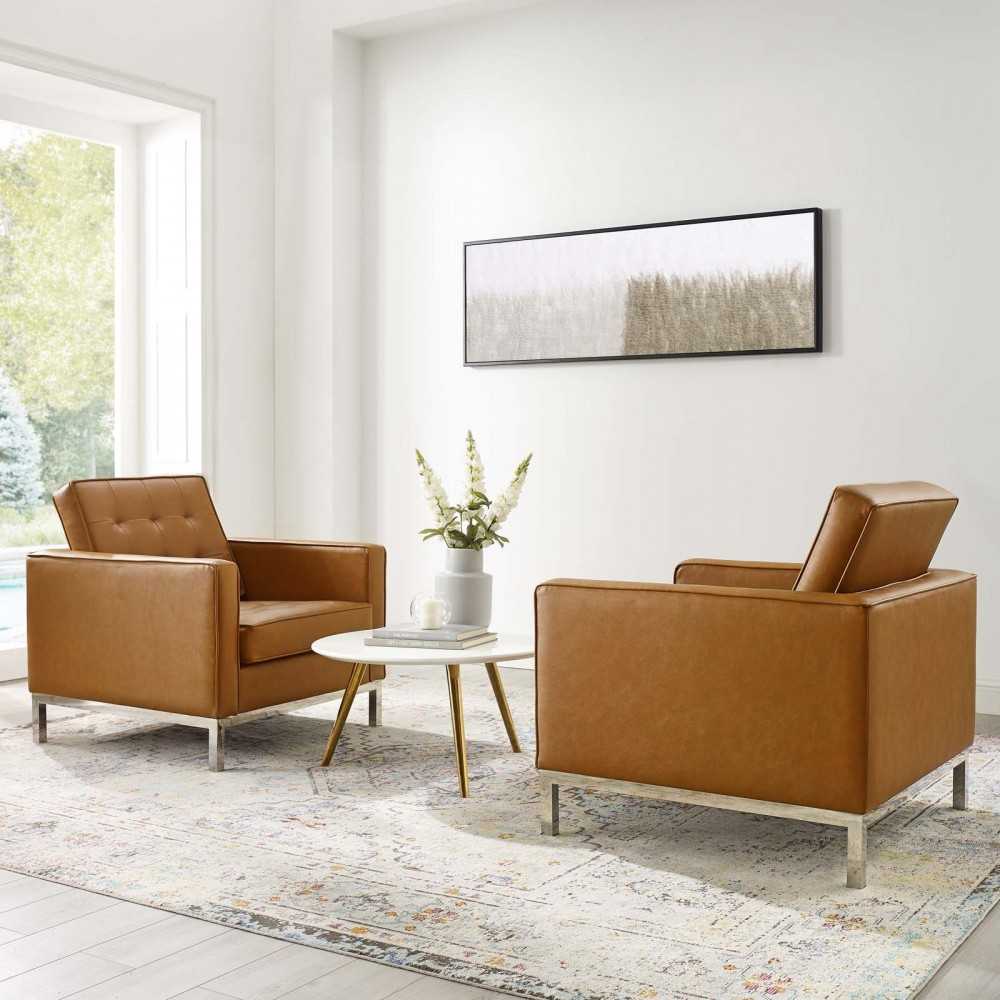 Loft Tufted Upholstered Faux Leather Armchair Set of 2, Silver Tan