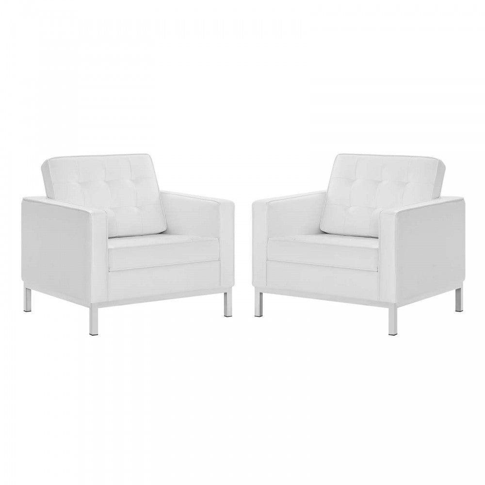 Loft Tufted Upholstered Faux Leather Armchair Set of 2, Silver White