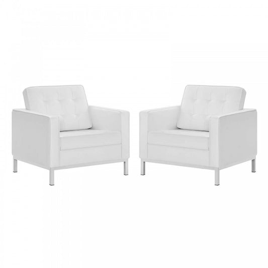 Loft Tufted Upholstered Faux Leather Armchair Set of 2, Silver White