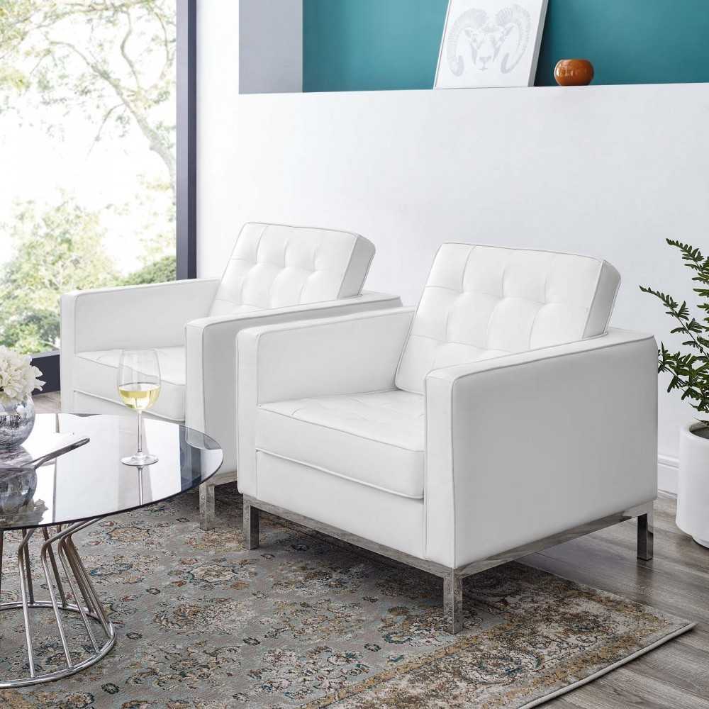 Loft Tufted Upholstered Faux Leather Armchair Set of 2, Silver White