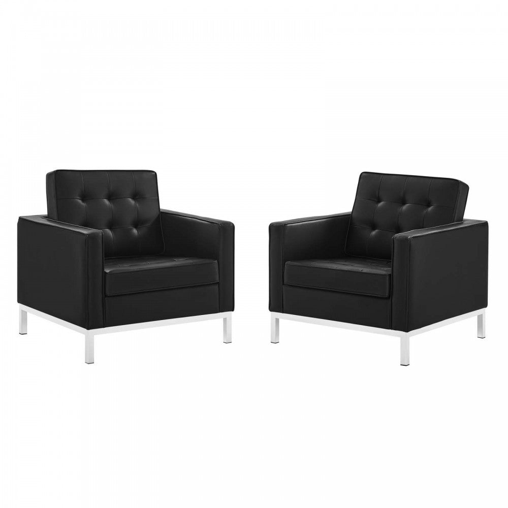 Loft Tufted Upholstered Faux Leather Armchair Set of 2, Silver Black