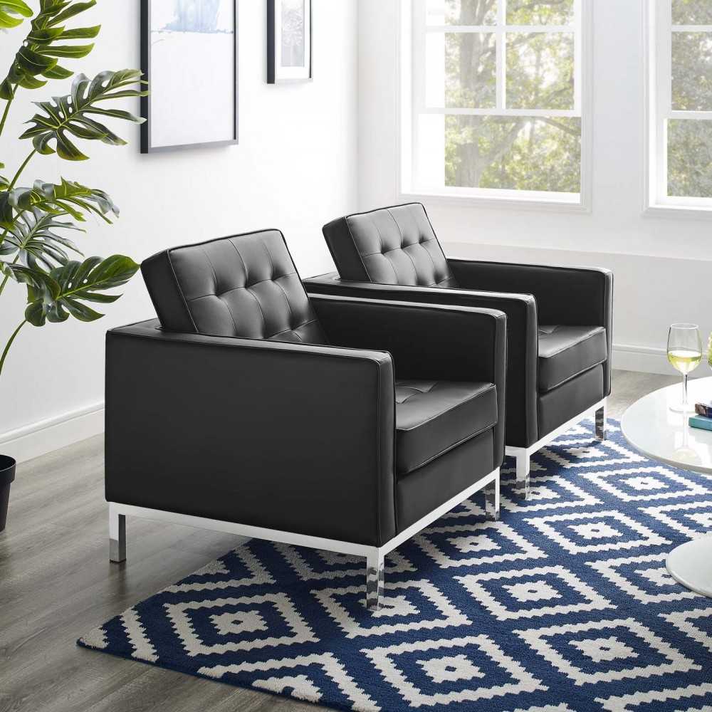Loft Tufted Upholstered Faux Leather Armchair Set of 2, Silver Black