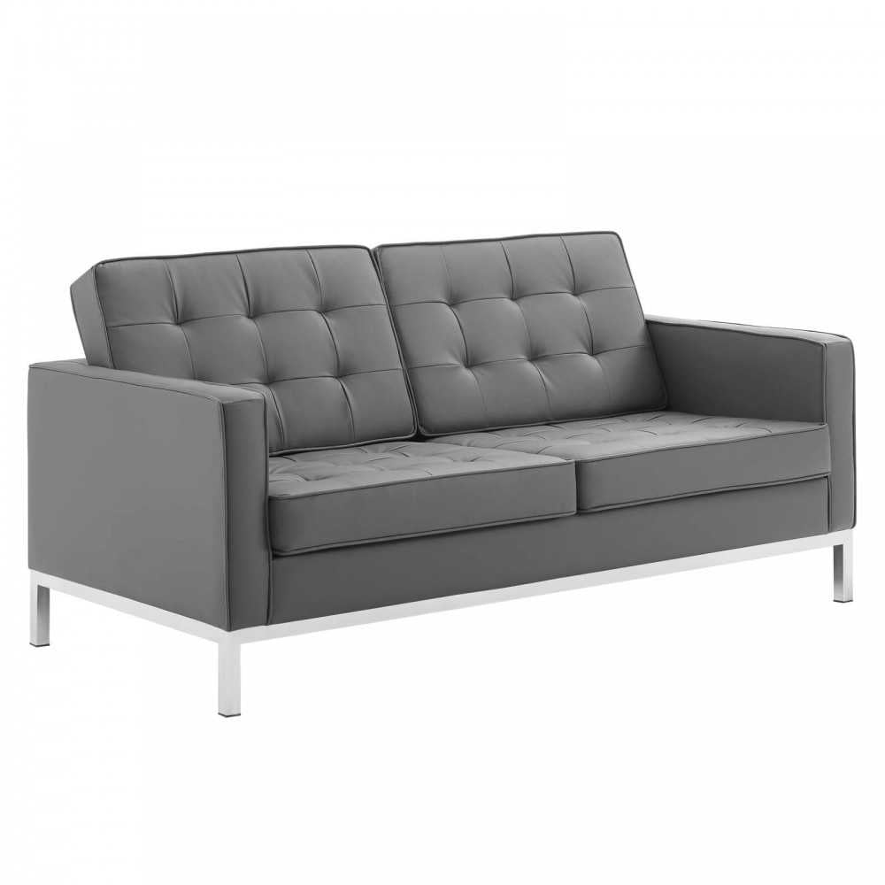 Loft Tufted Upholstered Faux Leather Loveseat, Silver Gray