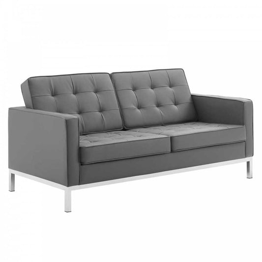 Loft Tufted Upholstered Faux Leather Loveseat, Silver Gray