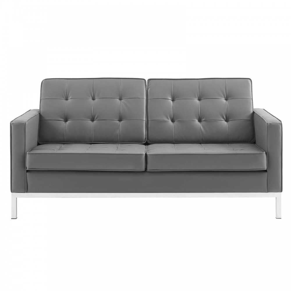 Loft Tufted Upholstered Faux Leather Loveseat, Silver Gray