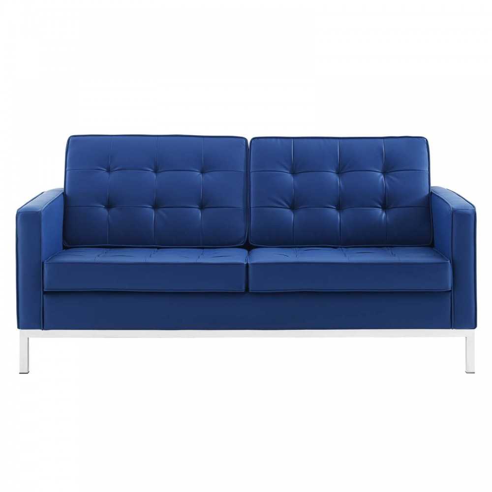 Loft Tufted Upholstered Faux Leather Loveseat, Silver Navy