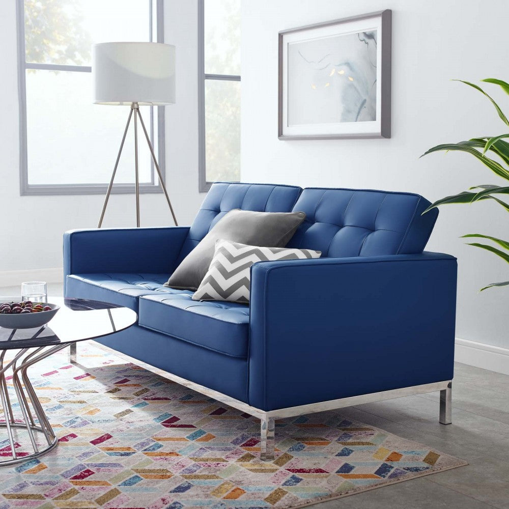 Loft Tufted Upholstered Faux Leather Loveseat, Silver Navy