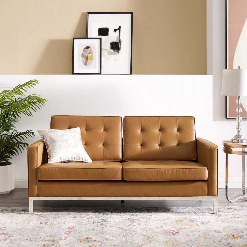 Loft Tufted Upholstered Faux Leather Loveseat, Silver Tan