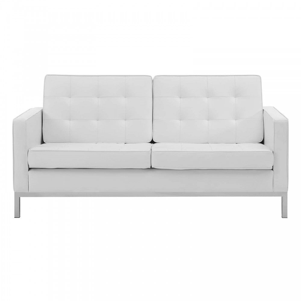 Loft Tufted Upholstered Faux Leather Loveseat, Silver White