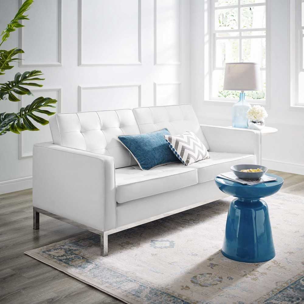 Loft Tufted Upholstered Faux Leather Loveseat, Silver White