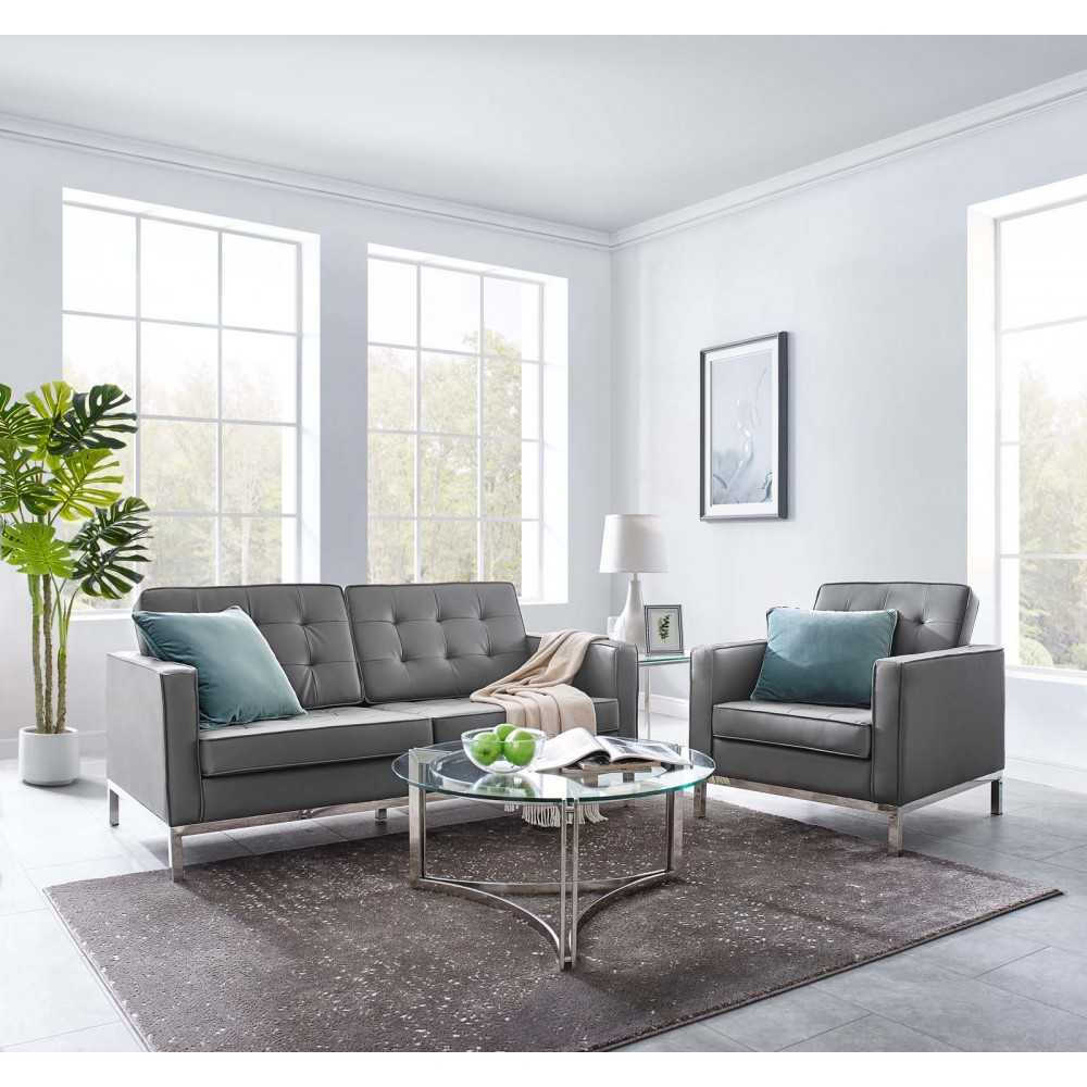 Loft Tufted Upholstered Faux Leather Loveseat and Armchair Set, Silver Gray