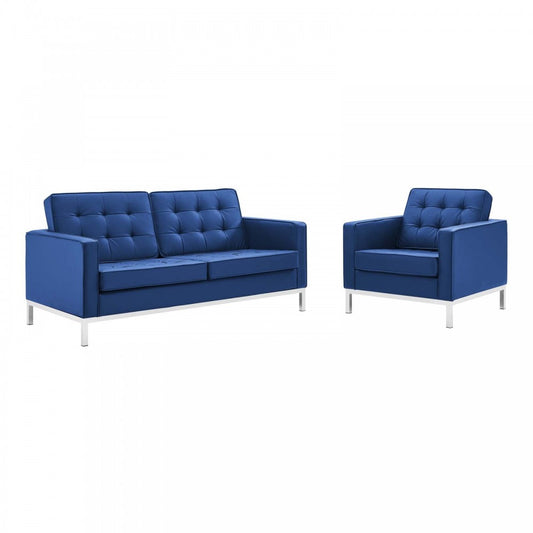Loft Tufted Upholstered Faux Leather Loveseat and Armchair Set, Silver Navy