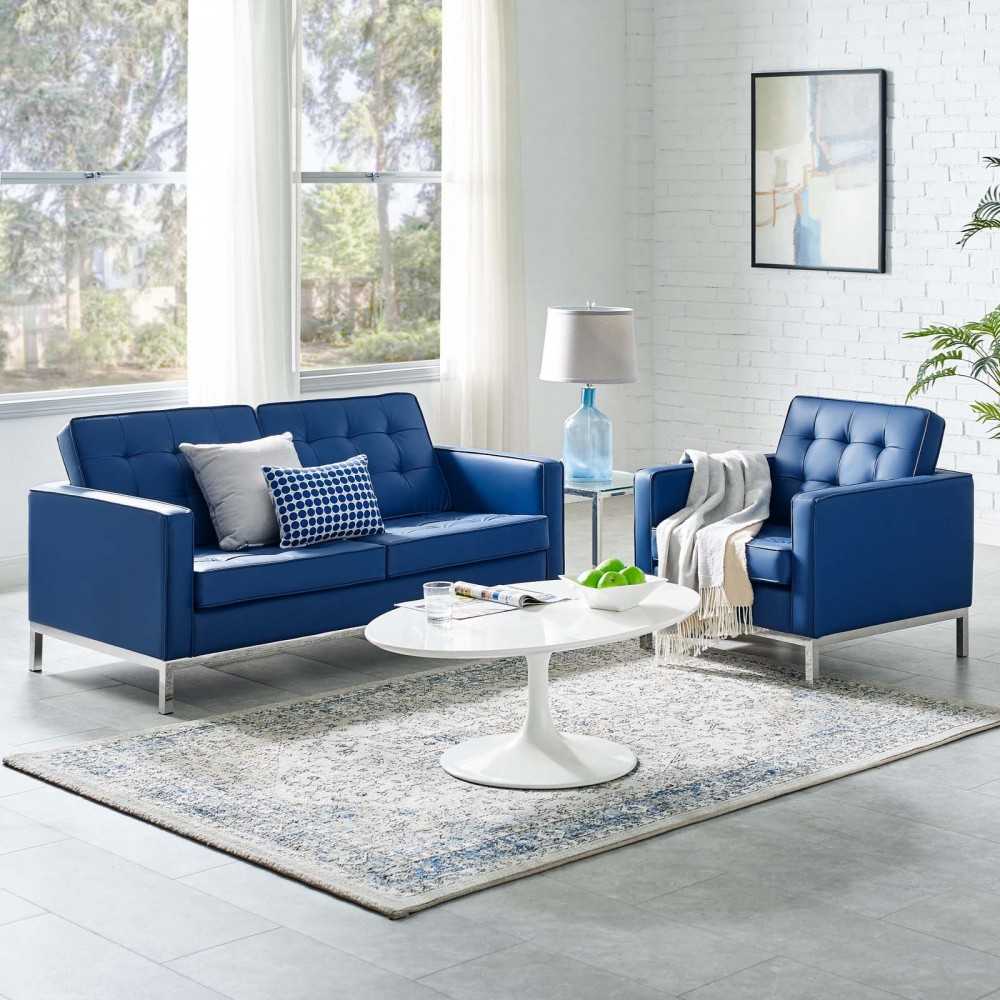 Loft Tufted Upholstered Faux Leather Loveseat and Armchair Set, Silver Navy