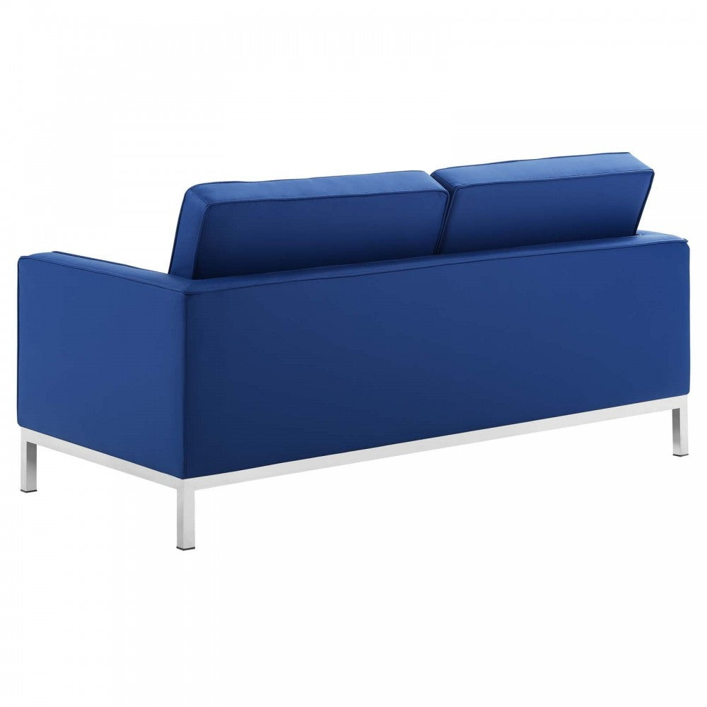 Loft Tufted Upholstered Faux Leather Loveseat and Armchair Set, Silver Navy