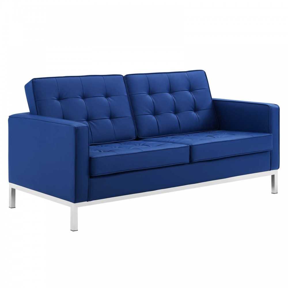Loft Tufted Upholstered Faux Leather Loveseat and Armchair Set, Silver Navy
