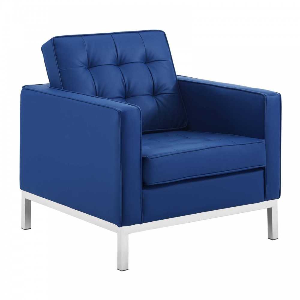 Loft Tufted Upholstered Faux Leather Loveseat and Armchair Set, Silver Navy