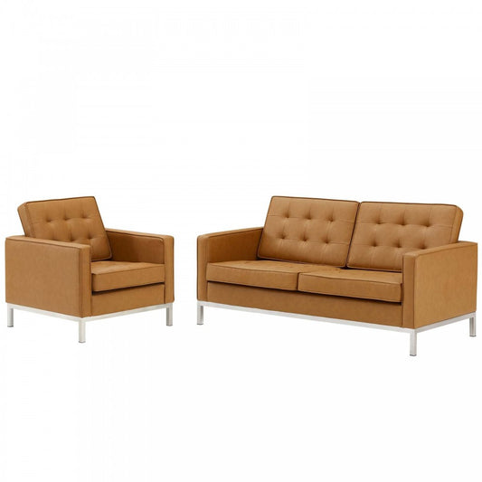 Loft Tufted Upholstered Faux Leather Loveseat and Armchair Set, Silver Tan
