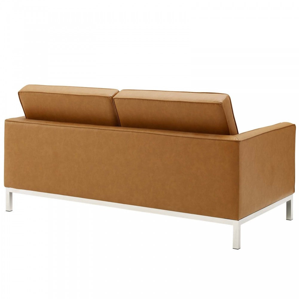 Loft Tufted Upholstered Faux Leather Loveseat and Armchair Set, Silver Tan