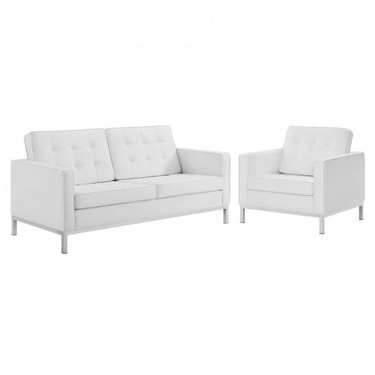 Loft Tufted Upholstered Faux Leather Loveseat and Armchair Set, Silver White