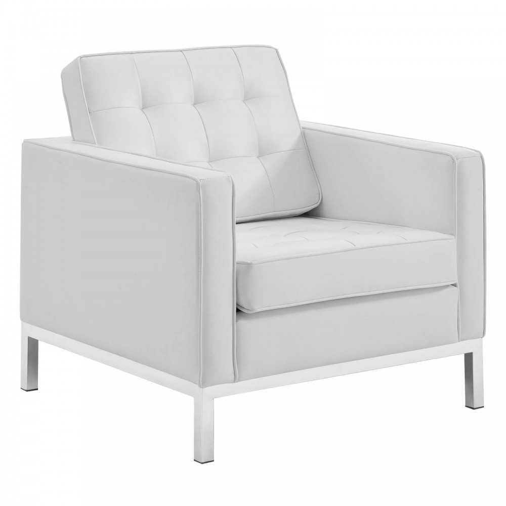 Loft Tufted Upholstered Faux Leather Loveseat and Armchair Set, Silver White