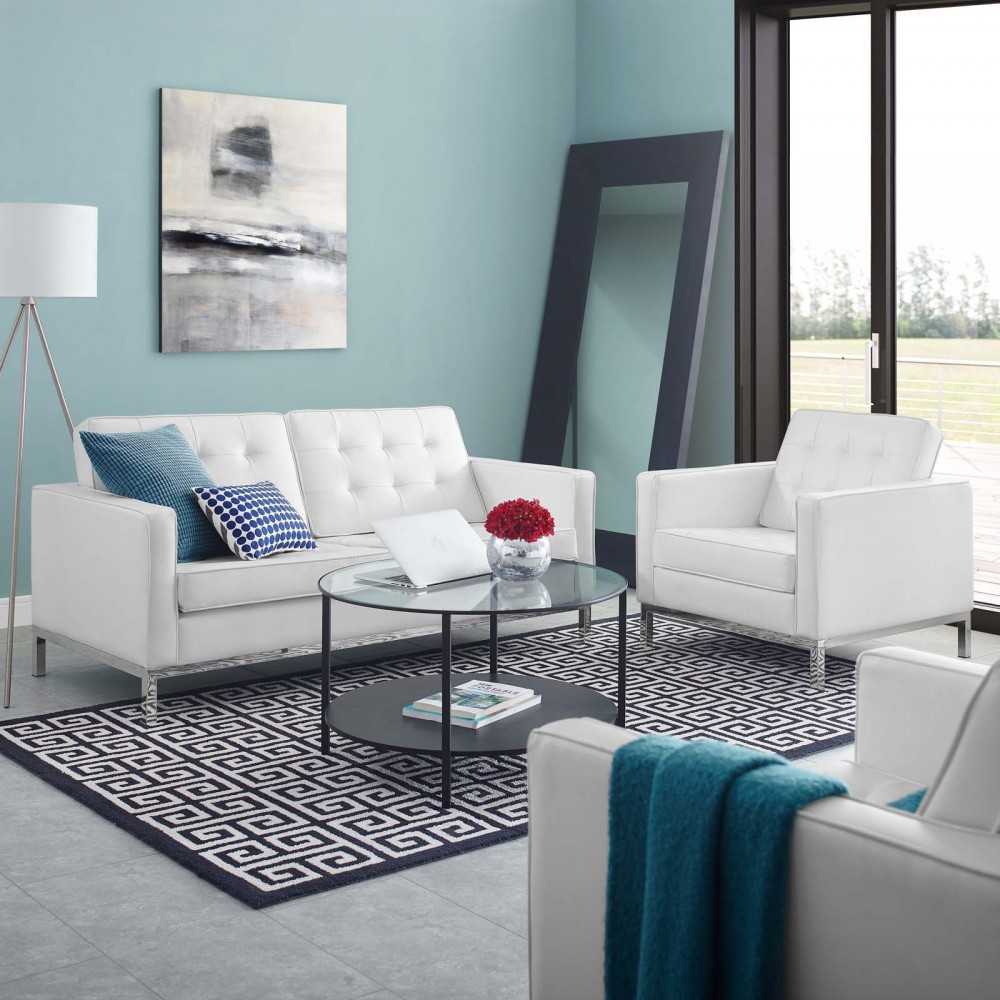 Loft Tufted Upholstered Faux Leather Loveseat and Armchair Set, Silver White