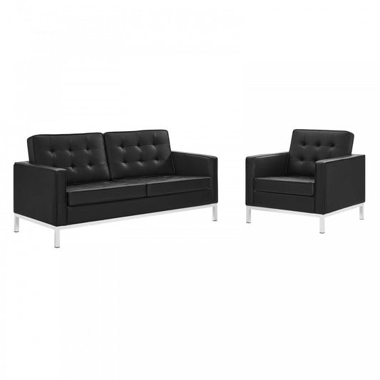 Loft Tufted Upholstered Faux Leather Loveseat and Armchair Set, Silver Black