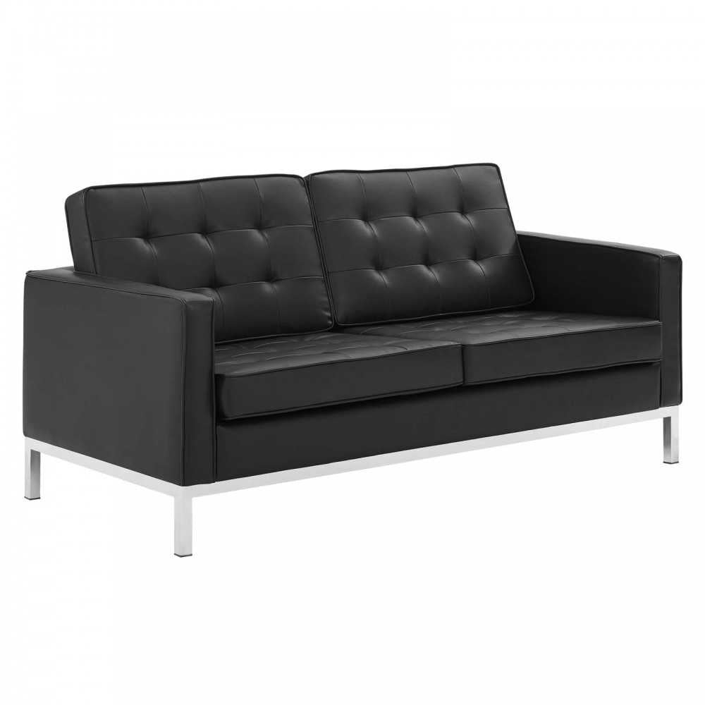 Loft Tufted Upholstered Faux Leather Loveseat and Armchair Set, Silver Black