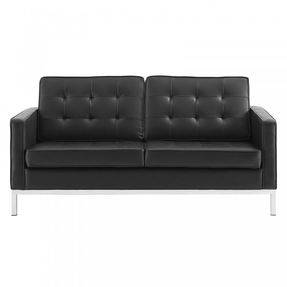 Loft Tufted Upholstered Faux Leather Loveseat, Silver Black