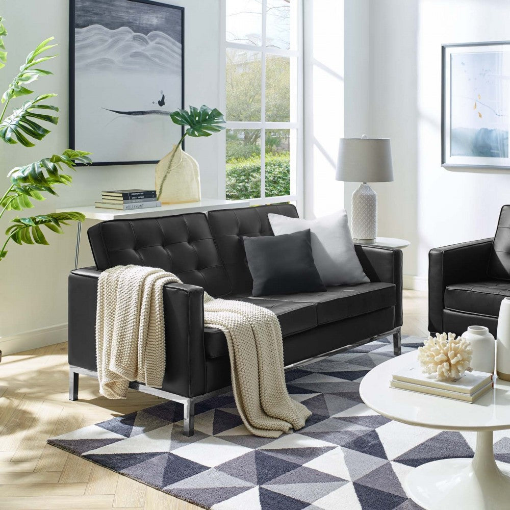 Loft Tufted Upholstered Faux Leather Loveseat, Silver Black