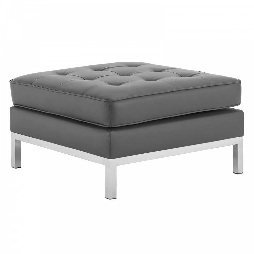 Loft Tufted Upholstered Faux Leather Ottoman, Silver Gray