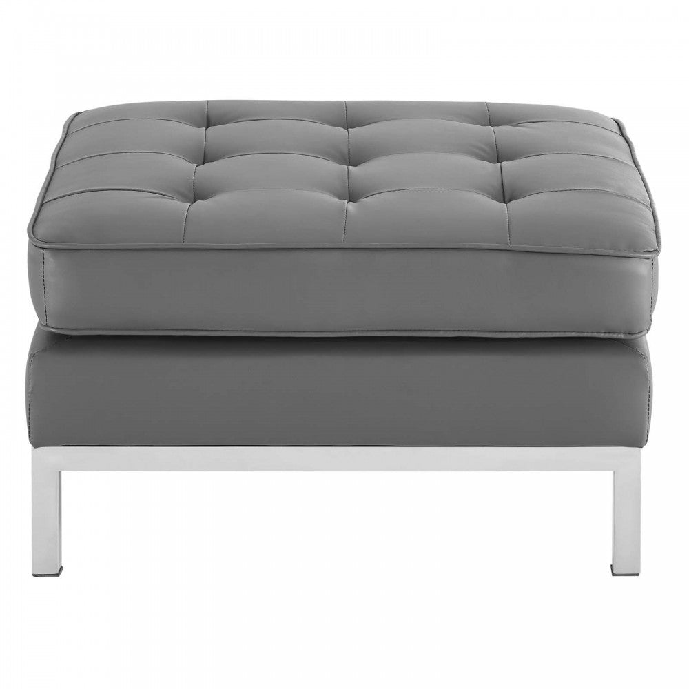 Loft Tufted Upholstered Faux Leather Ottoman, Silver Gray