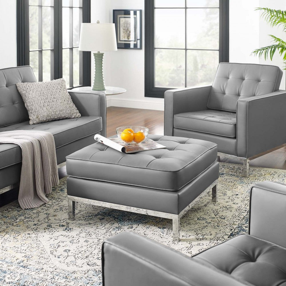 Loft Tufted Upholstered Faux Leather Ottoman, Silver Gray