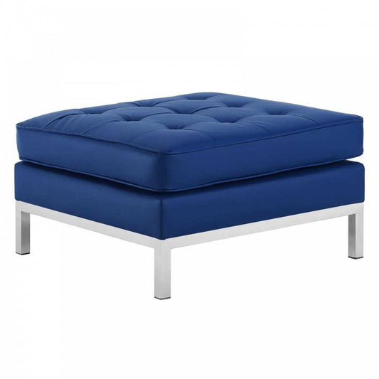 Loft Tufted Upholstered Faux Leather Ottoman, Silver Navy