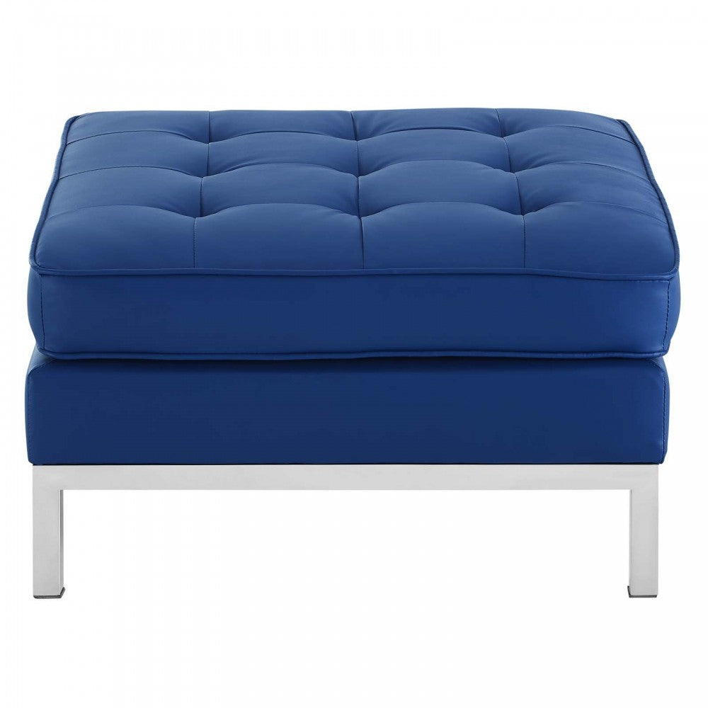 Loft Tufted Upholstered Faux Leather Ottoman, Silver Navy