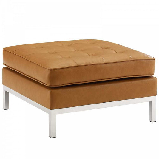 Loft Tufted Upholstered Faux Leather Ottoman, Silver Tan
