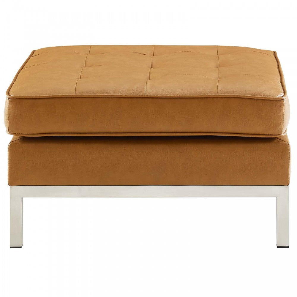 Loft Tufted Upholstered Faux Leather Ottoman, Silver Tan