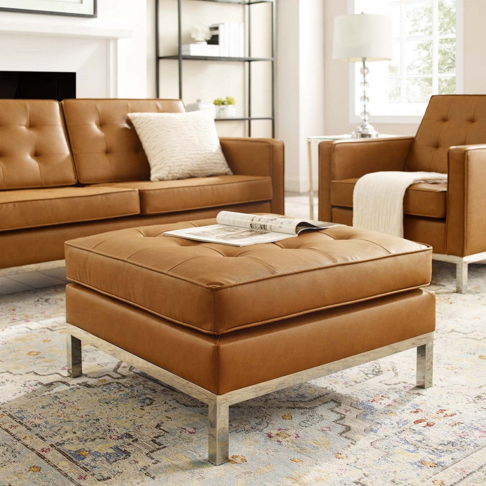 Loft Tufted Upholstered Faux Leather Ottoman, Silver Tan