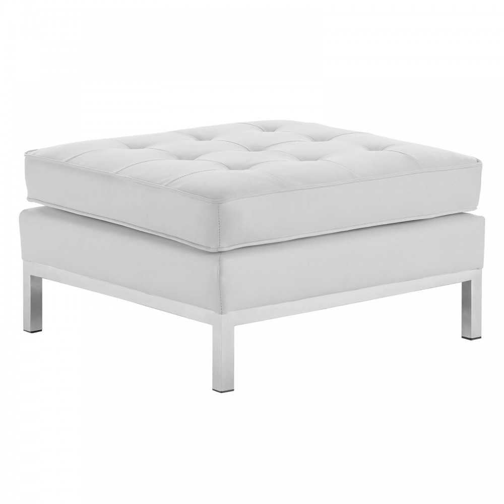 Loft Tufted Upholstered Faux Leather Ottoman, Silver White