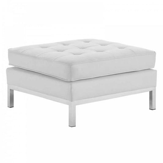 Loft Tufted Upholstered Faux Leather Ottoman, Silver White