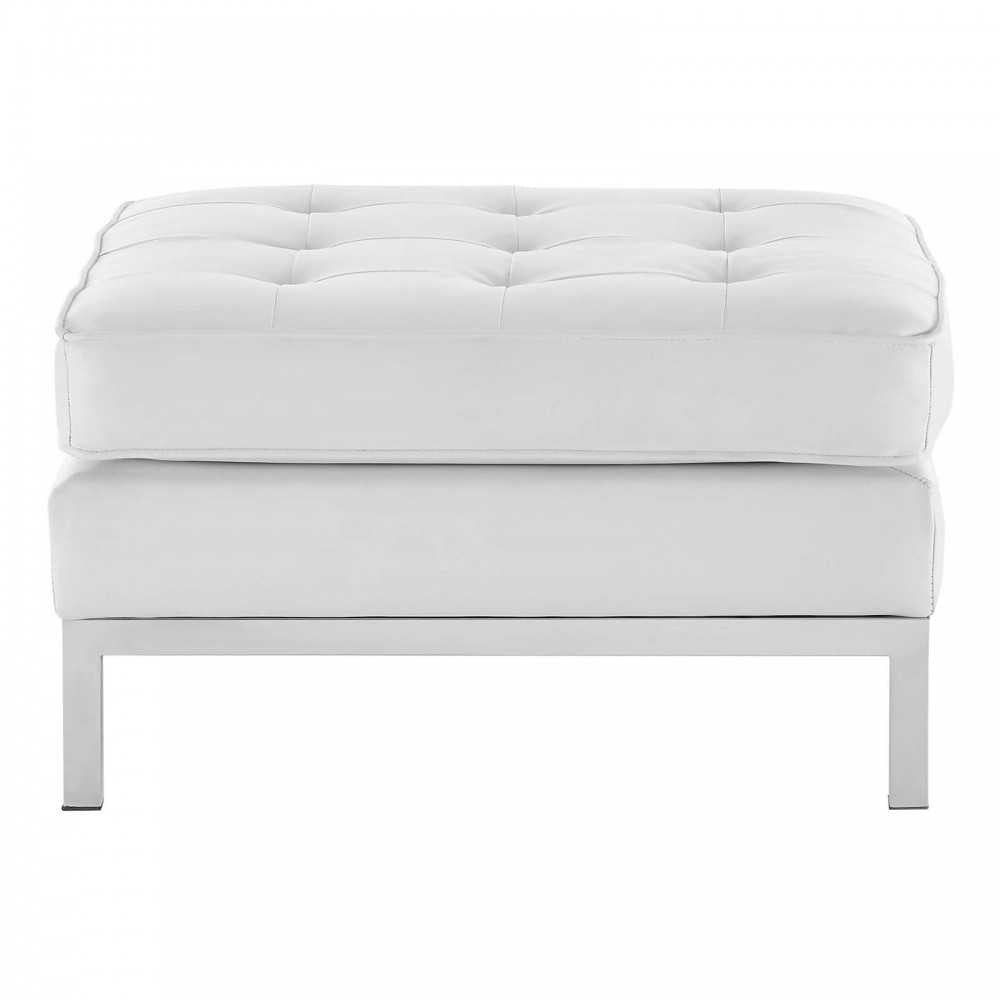 Loft Tufted Upholstered Faux Leather Ottoman, Silver White