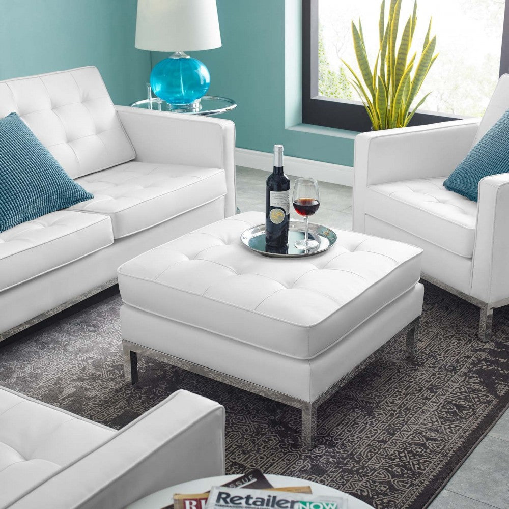 Loft Tufted Upholstered Faux Leather Ottoman, Silver White