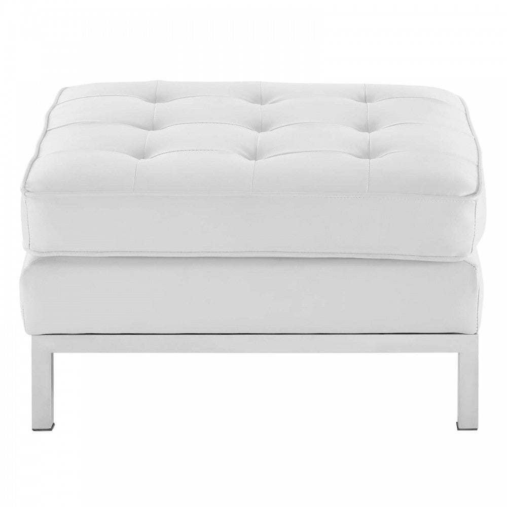 Loft Tufted Upholstered Faux Leather Ottoman, Silver White