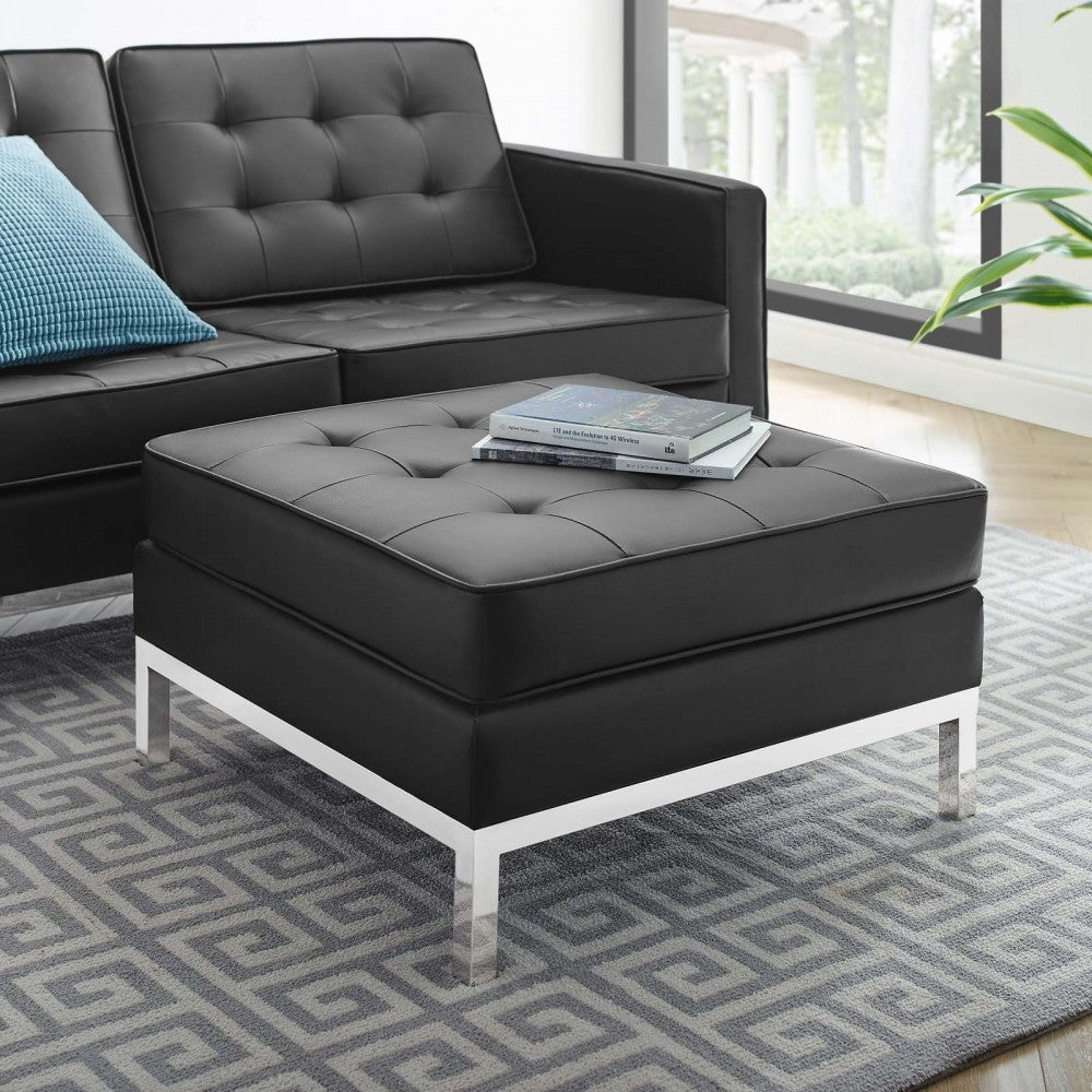 Loft Tufted Upholstered Faux Leather Ottoman, Silver Black