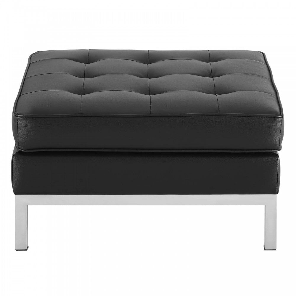 Loft Tufted Upholstered Faux Leather Ottoman, Silver Black