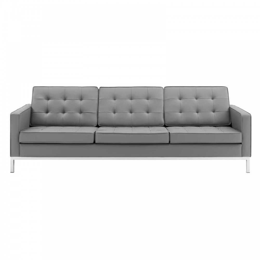 Loft Tufted Upholstered Faux Leather Sofa, Silver Gray