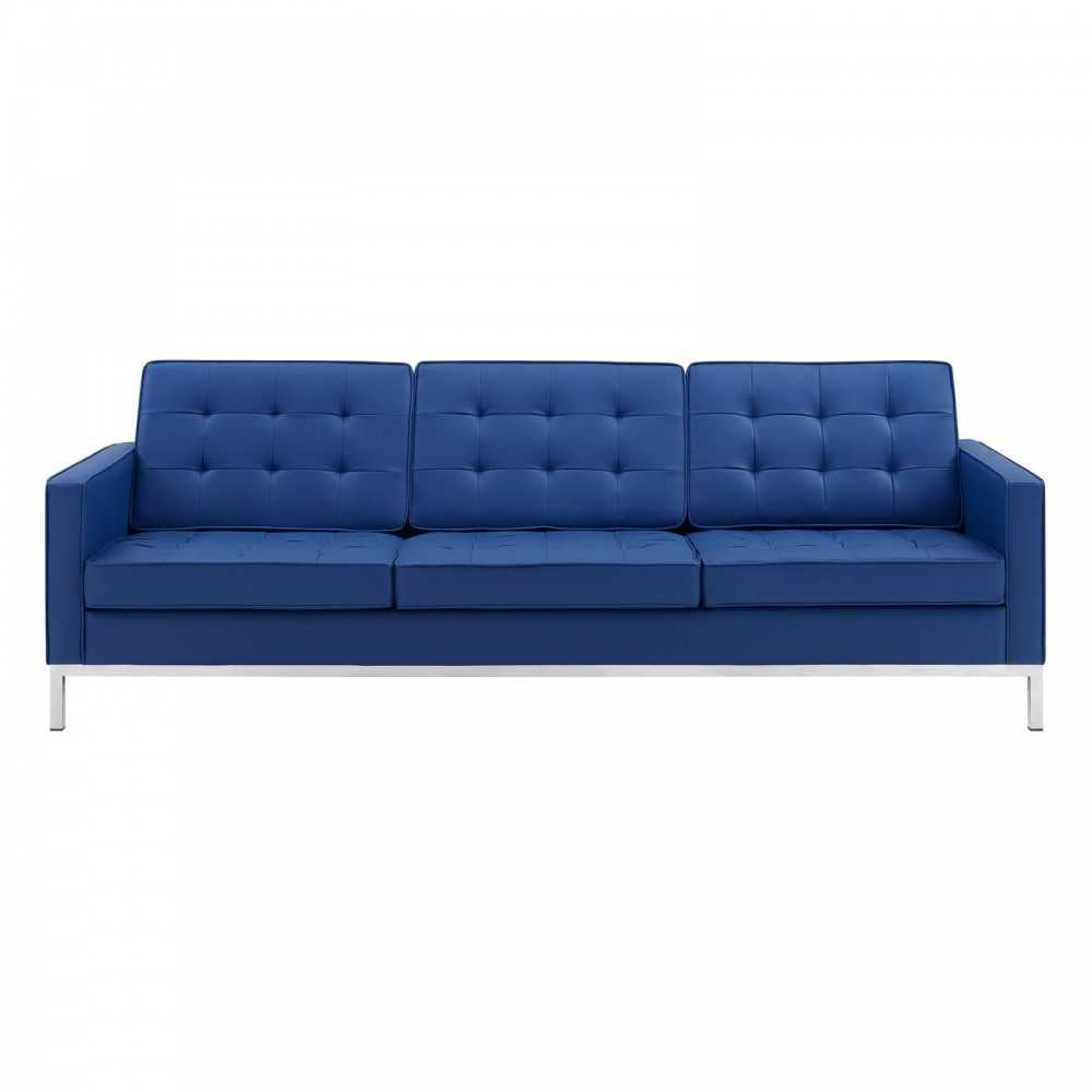 Loft Tufted Upholstered Faux Leather Sofa, Silver Navy